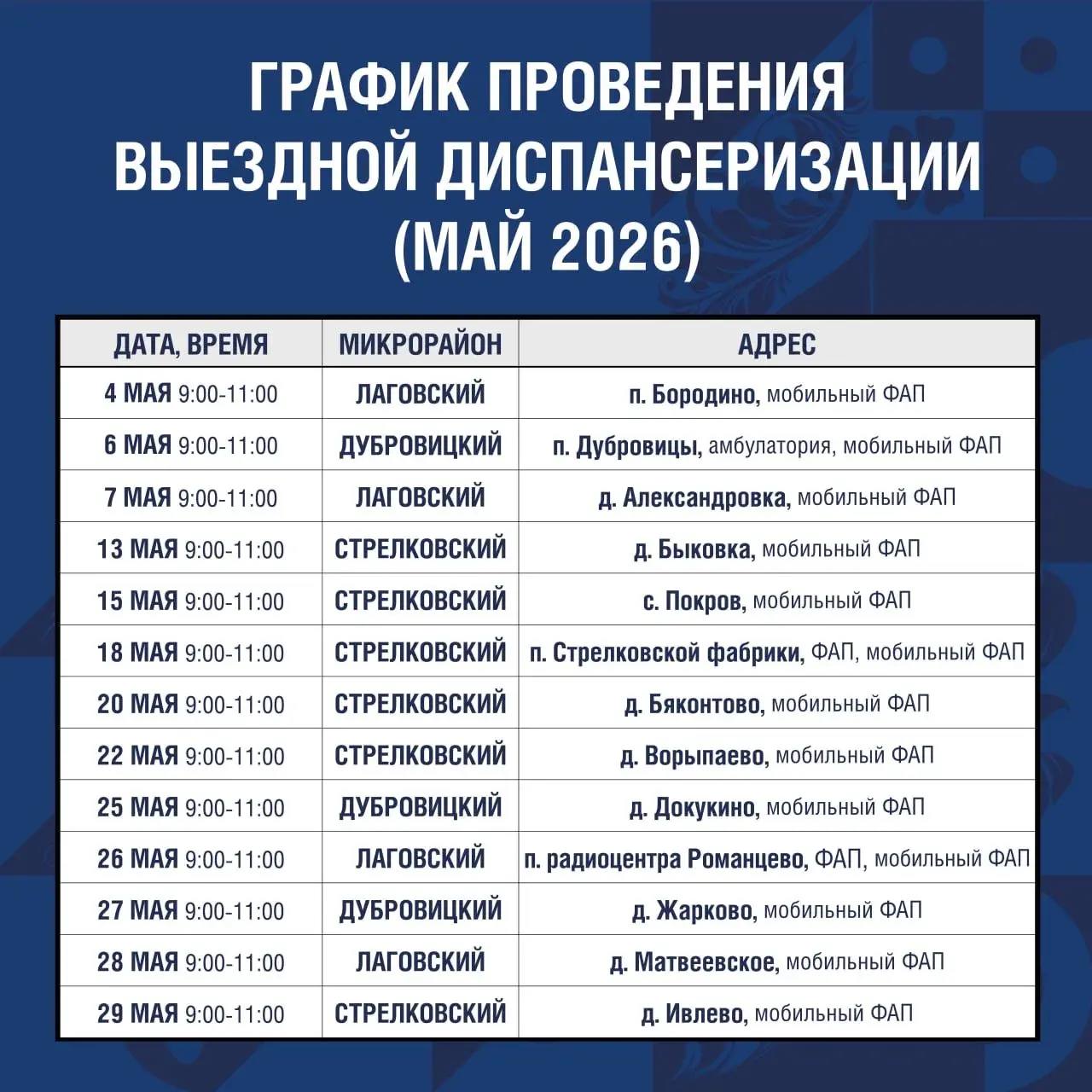 График работы мобильного ФАПа в Подольске в мае 2026 года