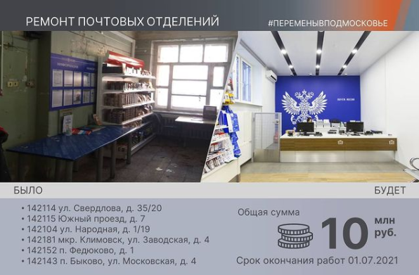 В Городском округе Подольск продолжается работа по приведению в порядок помещений «Почты России»